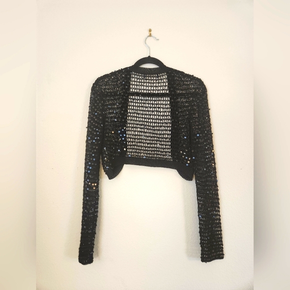 Black Sequin Long Sleeve Sheer Crop Cover - Enhance any top instantly 😃 - Picture 1 of 9